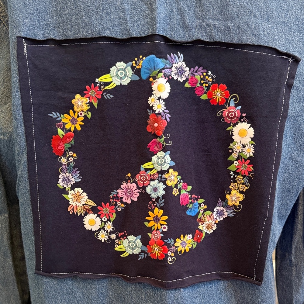 Floral Peace Sign Denim Button Down Shirt